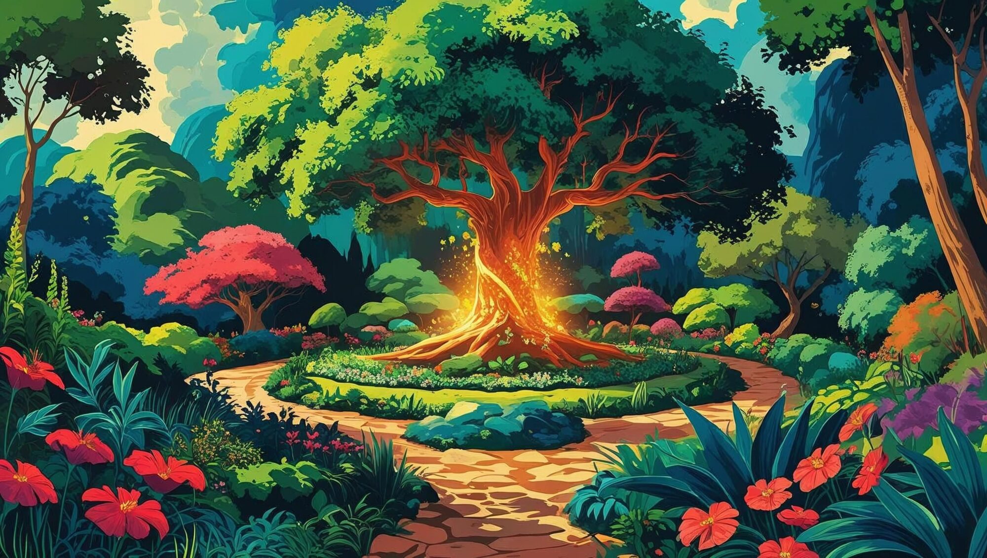 AI generated Garden of Eden with forbidden tree at the center